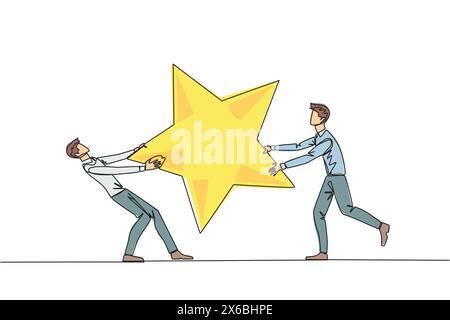 Continuous one line drawing two angry businessman fighting over the star. The concept of fighting for brilliant employees for the progress of the comp Stock Vector