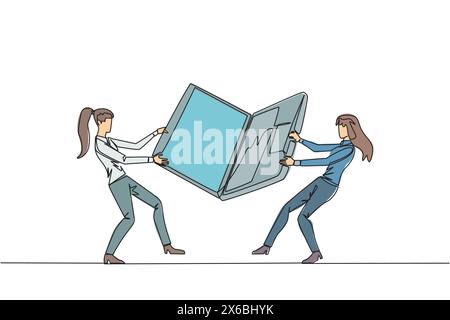 Single continuous line drawing two emotional businesswoman fighting over the laptop. Fighting for information about very good area to be the next targ Stock Vector