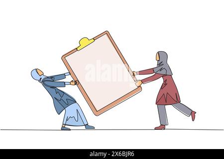Continuous one line drawing two angry Arabian businesswoman fighting over clipboard. Useful to make it easier to check reports. Businesswoman conflict Stock Vector