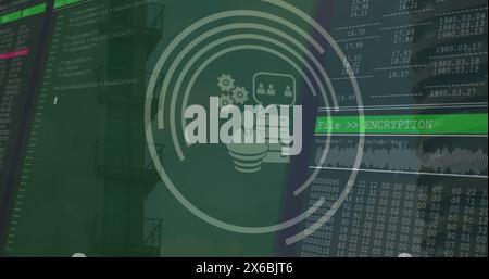Image of tech icons and data processing on green digital screens Stock Photo