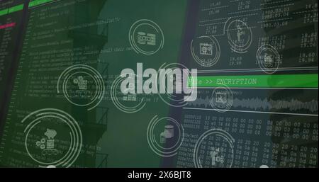 Image of tech icons and data processing on green digital screens Stock Photo