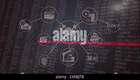 Image of falling icons over data processing on dark background Stock Photo