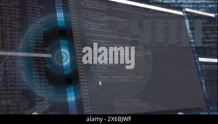 Image of interface with data processing over round scanner and spinning globe on blue background Stock Photo