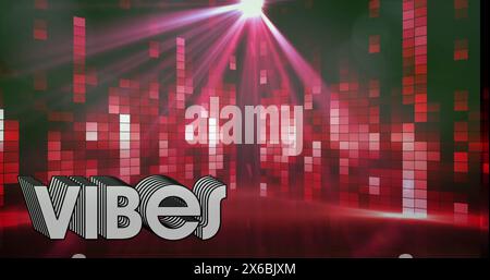 Image of vibes text over light trails and moving columns on black background Stock Photo
