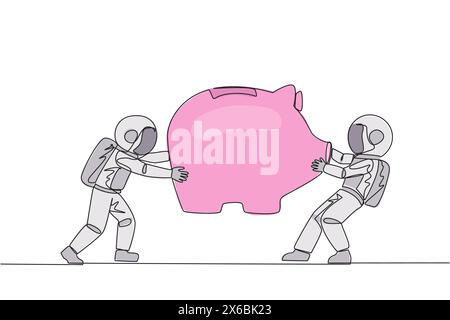 Single one line drawing two selfish astronaut fighting over big piggy bank. Arguing and each other feel entitled. Astronaut versus astronaut. Attack. Stock Vector