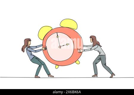 Single continuous line drawing two emotional businesswoman fighting over the big alarm clock. The concept of fighting for rare items for prestige. Con Stock Vector
