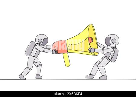 Single one line drawing two emotional astronaut fighting over megaphone. Scramble to announce vacancies and look for reliable employees. Conflict. Cos Stock Vector