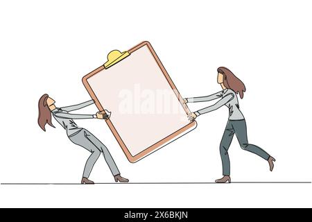 Single one line drawing two angry businesswoman fighting over big clipboard. Useful to make it easier to check reports. Businesswoman conflict. Aggres Stock Vector