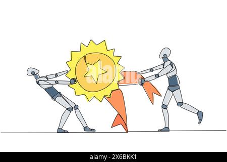 Single one line drawing two angry robot fighting over medal award. Both feel worthy of the award. Robot versus robot. Robotic conflict. Future technol Stock Vector