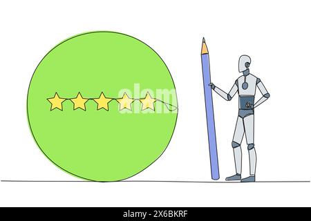 Single continuous line drawing robot stands holding a large pencil and next to is large circle encircling all 5 stars. Five star rating positive feedb Stock Vector