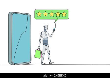 Single one line drawing robot comes out of big smartphone carrying a shopping bag, the other hand typing smartphone. Online shopping concept. AI tech. Stock Vector