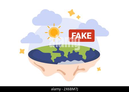 Flat Earth conspiracy theory, fake pseudoscience and disinformation about universe. Funny round land disc with oceans and continents on map under bubble of atmosphere cartoon vector illustration Stock Vector