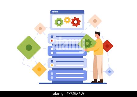 Decentralized application for peer to peer network connection, fintech service. Tiny man using P2P computer network with multiple users, free open source software cartoon vector illustration Stock Vector