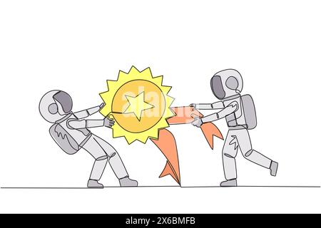 Single continuous line drawing two angry astronaut fighting over medal award. Both feel worthy of the award. Astronaut versus astronaut. Astronaut con Stock Vector