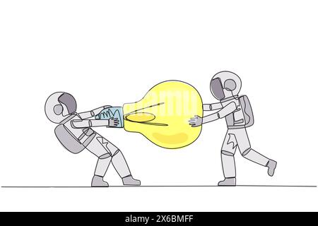 Single continuous line drawing two angry astronaut fighting over lightbulb. Both of them differed, feeling most right. Emotional astronaut. Versus. Ri Stock Vector
