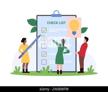 Checklist survey form with ticks, questionnaire and task list filling. Tiny people holding pencil and light bulb to write check mark in paper document on clipboard cartoon vector illustration Stock Vector