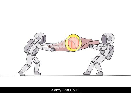 Single continuous line drawing two emotional astronaut fighting over boxing belt. Fight for to be the greatest and strongest astronaut. Astronaut batt Stock Vector