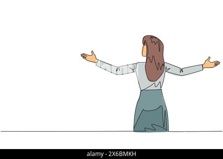 Single continuous line drawing rear view of businesswoman speaking at the podium while opening hands. Style like successful motivator. Invite to incre Stock Vector