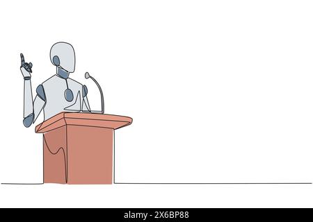 Continuous one line drawing smart robotic speaking at the podium while giving gesture of lifting one finger up. Inspirational speech. Conference stage Stock Vector
