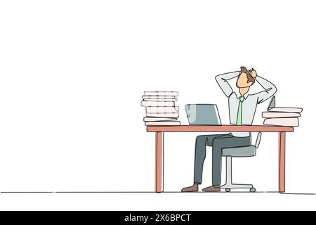 Single continuous line drawing businessman sitting on office chair. Stressful to see stock price on a laptop screen that don't increase. Stressful bus Stock Vector