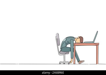 continuous line drawing of Exhausted sad young man covering his face by ...