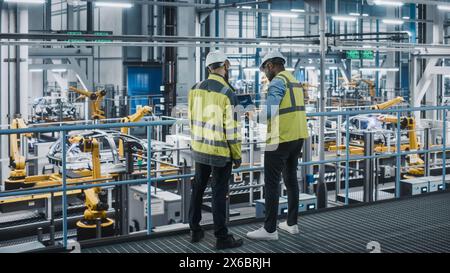 Two Car Factory Specialists in High Visibility Vests Using Laptop Computer. Engineers Discussing Automotive Industrial Manufacturing Facility Process of Vehicle Production. Automated Assembly Plant. Stock Photo