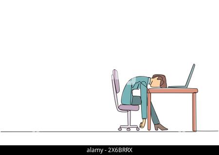 Continuous one line drawing businesswoman fell asleep in front of a laptop computer. Fatigue running a business. Mental health problem. Exhausted, bor Stock Vector