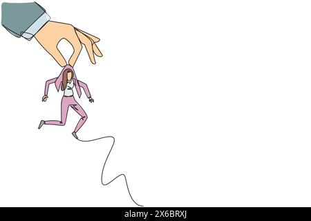 Single one line drawing big hand holding businesswoman. Workplace moving metaphor. Position transfer. Level up. Have bigger responsibilities. Successf Stock Vector