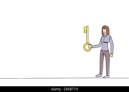 Single continuous line drawing businesswoman holding key. Important key to increasing profits has been secured. Ready to become important inheritance Stock Vector
