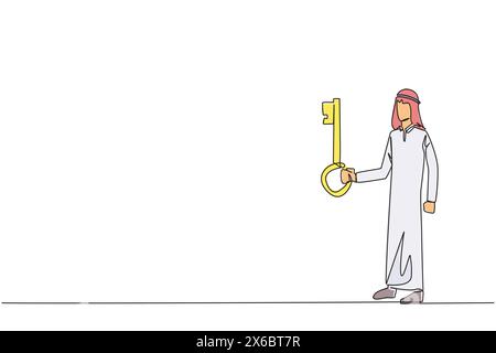 Continuous one line drawing Arabian businessman holding key. Important key to increasing profits has been secured. Ready to become important inheritan Stock Vector