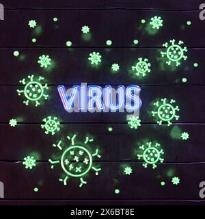 Realistic neon sign text - Virus, Not gen Ai Stock Photo