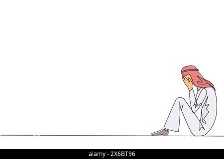 Continuous one line drawing Arabian businessman sitting while covering face. Sad businessman bemoans the fate of business. Failure to develop business Stock Vector
