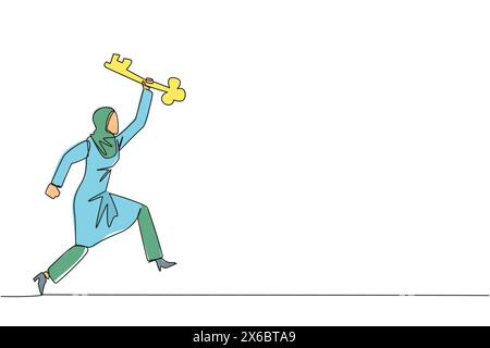 Single continuous line drawing Arabian businesswoman running holding key. Doing celebrate. Perform movements like relay athlete. The secret key to bus Stock Vector