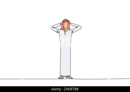 Continuous one line drawing Arab businessman standing straight holding head with both hands. Gestures excited or surprised. Unusual facial expressions Stock Vector