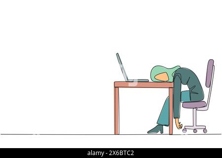Continuous one line drawing Arabian businesswoman fell asleep in front of a laptop. Fatigue running a business. Mental health problem. Exhausted. Bore Stock Vector