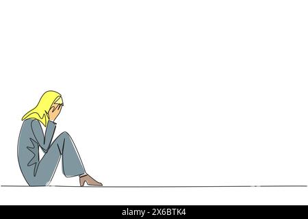 Single continuous line drawing Arabian businesswoman sitting while covering face. Sad businesswoman bemoans the fate of business. Failure to develop b Stock Vector