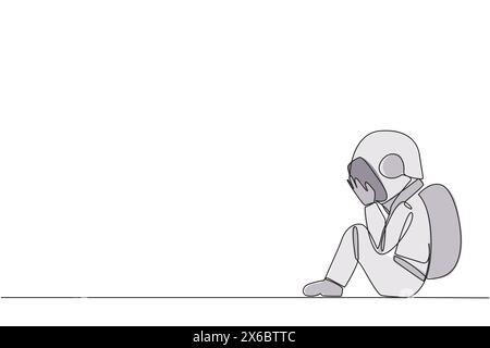 Single continuous line drawing young astronaut sitting while covering face. An unhappy astronaut bemoans the fate of business. Failure to develop busi Stock Vector