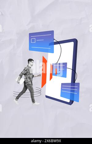 Vertical collage picture young man walk digital device tablet web interface modern technology manager employee drawing background Stock Photo