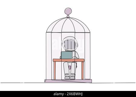 Single one line drawing astronaut trapped in the cage sitting and typing on laptop computer. Tiring routine. Unhappy astronaut with the many deadline. Stock Vector
