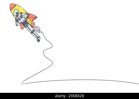 Single one line drawing smart robot flying with rocket. Desire to take the business to the moon. Successful entrepreneur. The great smartest robot. AI Stock Vector