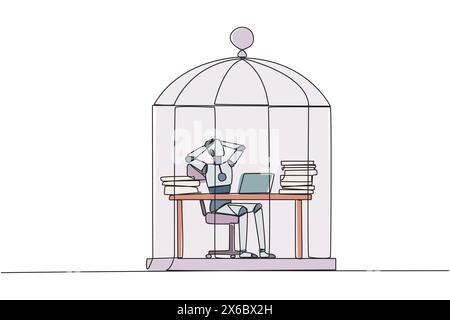 Single continuous line drawing robot trapped in cage sitting on office chair holding head. Being in routine trap. Tired and irritated with the daily g Stock Vector