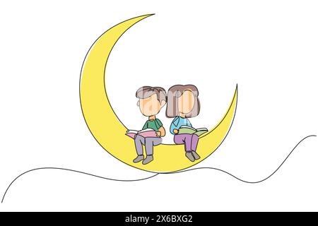 Single continuous line drawing kids sitting on crescent moon reading book. Metaphor of reading story before bed. Passionate about reading in any condi Stock Vector