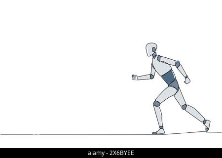 Single one line drawing smart robotic doing light exercise. Running aims to maintain heart health. The robot with healthy life style. Good mental. AI Stock Vector