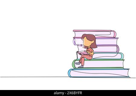 Single one line drawing happy girl sitting on a pile of books reading a book. High interest in reading. Opening horizons of thinking. Book festival co Stock Vector