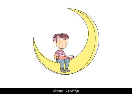 Single continuous line drawing boy sitting on crescent moon reading book. Metaphor of reading story before bed. Passionate about reading in any condit Stock Vector