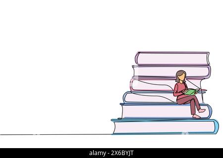 Single continuous line drawing happy woman sitting on a pile of books reading a book. High interest in reading. Opening horizons of thinking. Book fes Stock Vector