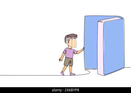 Single continuous line drawing boy opened the book-shaped door. Books can open mind and see everywhere. Increase knowledge about the wider world. Book Stock Vector