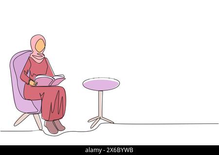 Continuous one line drawing Arab woman sitting reading on sofa. Reading focus in the living room. Relieve fatigue from daily activities. Book festival Stock Vector