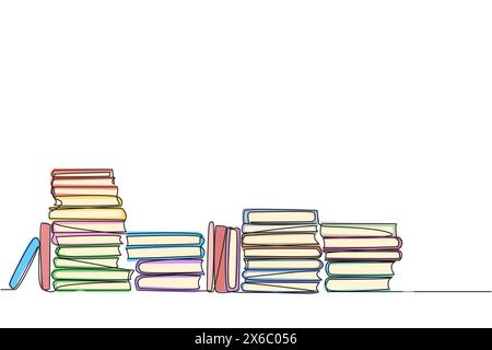 Continuous one line drawing lots of books piled up. Packaged after being brought from the book festival. Books to read while in space. Study. Fiction. Stock Vector