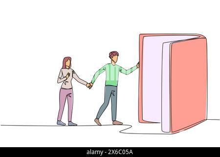 Single continuous line drawing man woman open the book-shaped door. Books can open mind and see everywhere. Increase knowledge about the wider world. Stock Vector